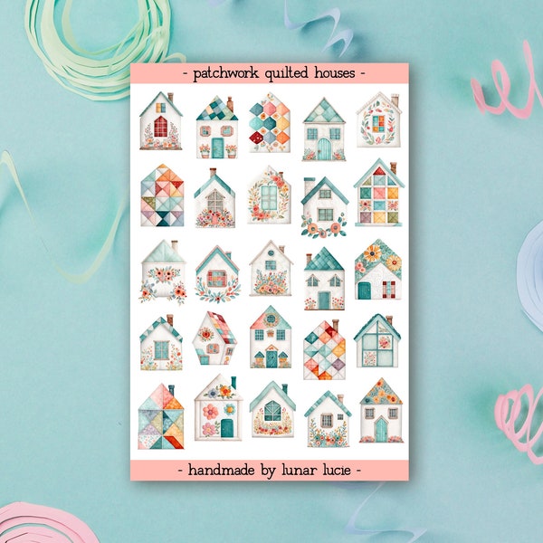 Patchwork Quilted House Sticker Sheet | Sewing Stickers | Crafting Hobby Deco Planner Stickers | Gift For Sewer | Sewing Quilter Gift