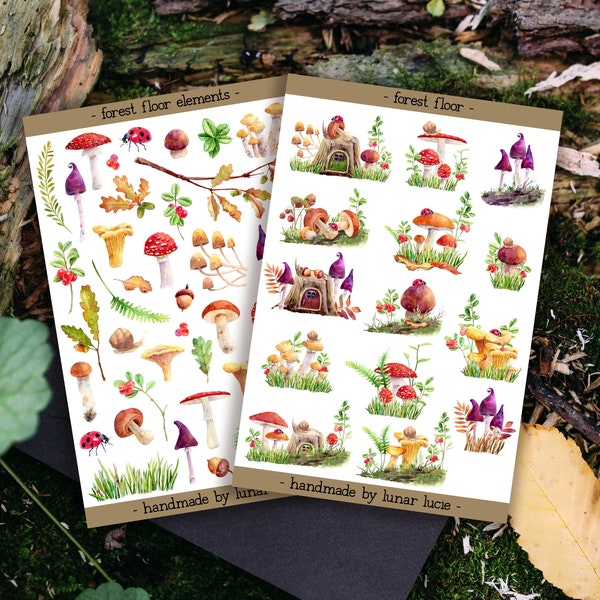 Ensemble d'autocollants pour sol forestier | Stickers boisés | Stickers forêt | Stickers automne champignon pour agendas, bullet journals et albums de coupures