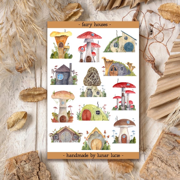 Fairy Home Sticker Sheet | Hobbitty Homes | Toadstool House Stickers | Fairy House Stickers | Woodland Forest Stickers | Mushroom Stickers