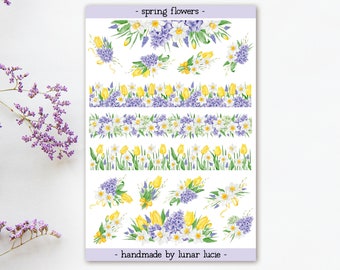 Spring Flowers Sticker Sheet | Daffodil, Tulip, Grape Hyacinth Stickers | Flower Border Stickers | Spring Planner Stickers | Pastel Stickers