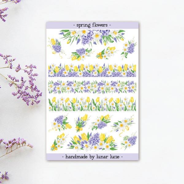 Spring Flowers Sticker Sheet | Daffodil, Tulip, Grape Hyacinth Stickers | Flower Border Stickers | Spring Planner Stickers | Pastel Stickers