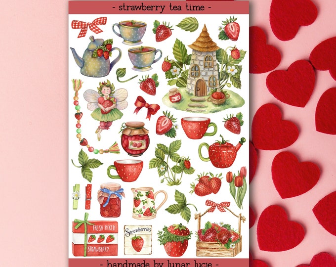 Strawberry Tea Time Sticker Sheet | Strawberry Cottagecore Aesthetic ...
