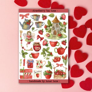 Strawberry Tea Time Sticker Sheet | Strawberry Cottagecore Aesthetic Stickers | Strawberry Summer Planner, Journal & Scrapbook Stickers