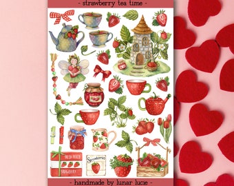 Strawberry Tea Time Sticker Sheet | Strawberry Cottagecore Aesthetic Stickers | Strawberry Summer Planner, Journal & Scrapbook Stickers