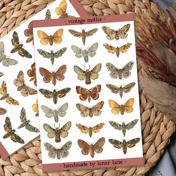 Vintage Ephemera Moth Stickers | Vintage Nature Moth Sticker Sheet for Planners, Book of Shadows, Grimoire & Bullet Journals