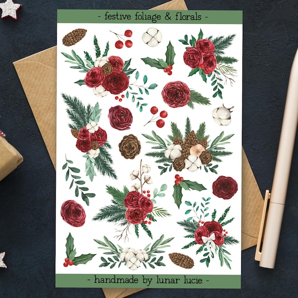 Festive Florals and Foliage Sticker Sheet | Winter, Yule, Christmas Flower and Greenery Stickers for Planners, Scrapbooking and Card Making