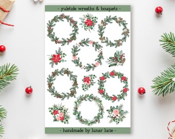 Yuletide Wreaths & Bouquet Sticker Sheet | Winter Christmas Wreath Stickers for Planner, Scrapbook and Bullet Journal | Stocking Filler Gift