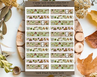 Outdoor Adventures Washi Tape Sticker Sheet (Hand Drawn Doodle Collection) - Cute Travel, Hiking, Adventure, Camping Washi Planner Stickers