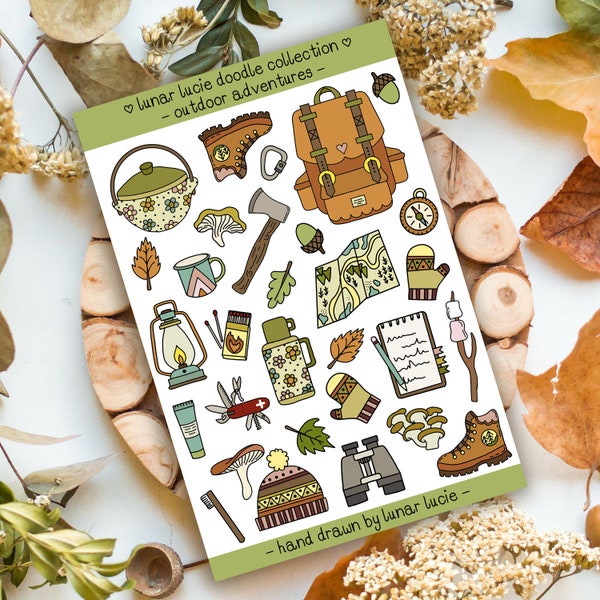 Outdoor Adventures Sticker Sheet (Hand Drawn Doodle Collection) - Cute Outdoor, Travel, Hiking, Adventure, Camping Planner Sticker Sheet