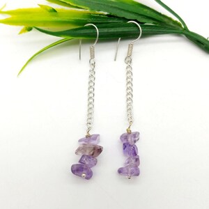 Raw Amethyst Gemstone Chip Earrings: Long Dangle Beaded Jewelry