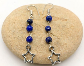 Natural lapis lazuli Handmade Earring, 4MM Beaded Earrings Bridal earrings, Dangle jewelry Gift for Her