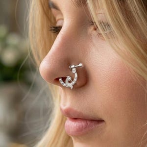 Anillo de nariz plateado sin perforación, brazalete de nariz con espiral de circonitas cúbicas, elegante joya de clip.