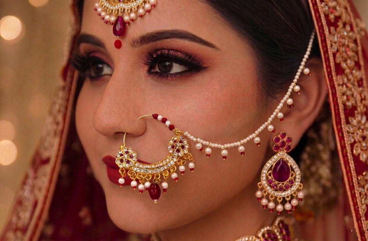Gold Plated Nath: Indian Bridal Nose Ring with Pink Stones & Pearls