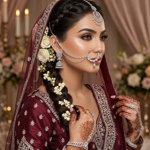 May include: A deep maroon bridal ensemble featuring intricate silver embroidery, paired with a sparkling silver maang tikka, a nose ring connected by a chain, jhumka earrings, and a hand harness. The hair is styled in a braid adorned with white flowers.