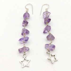Raw Amethyst Gemstone Chip Earrings: Long Dangle Beaded Jewelry