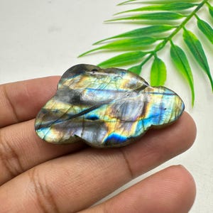 Peut inclure: Une pierre précieuse de labradorite polie sculptée en forme de nuage, présentant des éclats irisés de bleu, d'or et de violet sur sa surface lisse et facettée. La pierre présente des inclusions minérales naturelles et un éclat métallique.