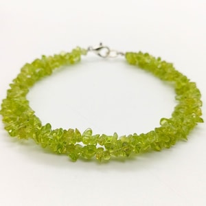Raw Peridot Gemstone Chip Bracelet: German Silver, August Birthstone
