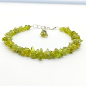 Raw Peridot Chip Bracelet: Adjustable German Silver, August Birthstone