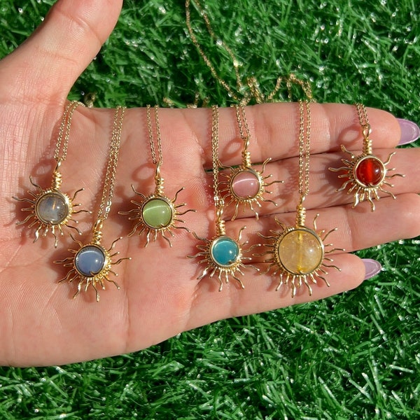 Sun Necklace/ Wire Wrapped Sun/ Handmade Wire Wrapped Sun /Crystal Necklace
