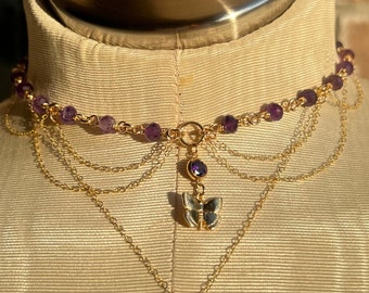 Collier ras de cou en améthyste/collier rempli d'or 14 carats/collier en cristal d'améthyste/collier superposé/tour de cou fée