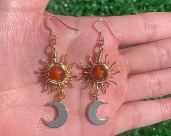 Sun & Moon Earrings / Wire Wrapped Sun / Carnelian Earrings/ Gold Sun