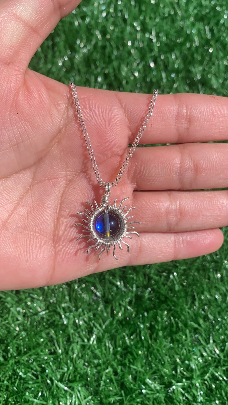 Sun Necklace/ Wire Wrapped Sun/ Handmade Wire Wrapped Sun /Crystal Necklace Labradorite Glass