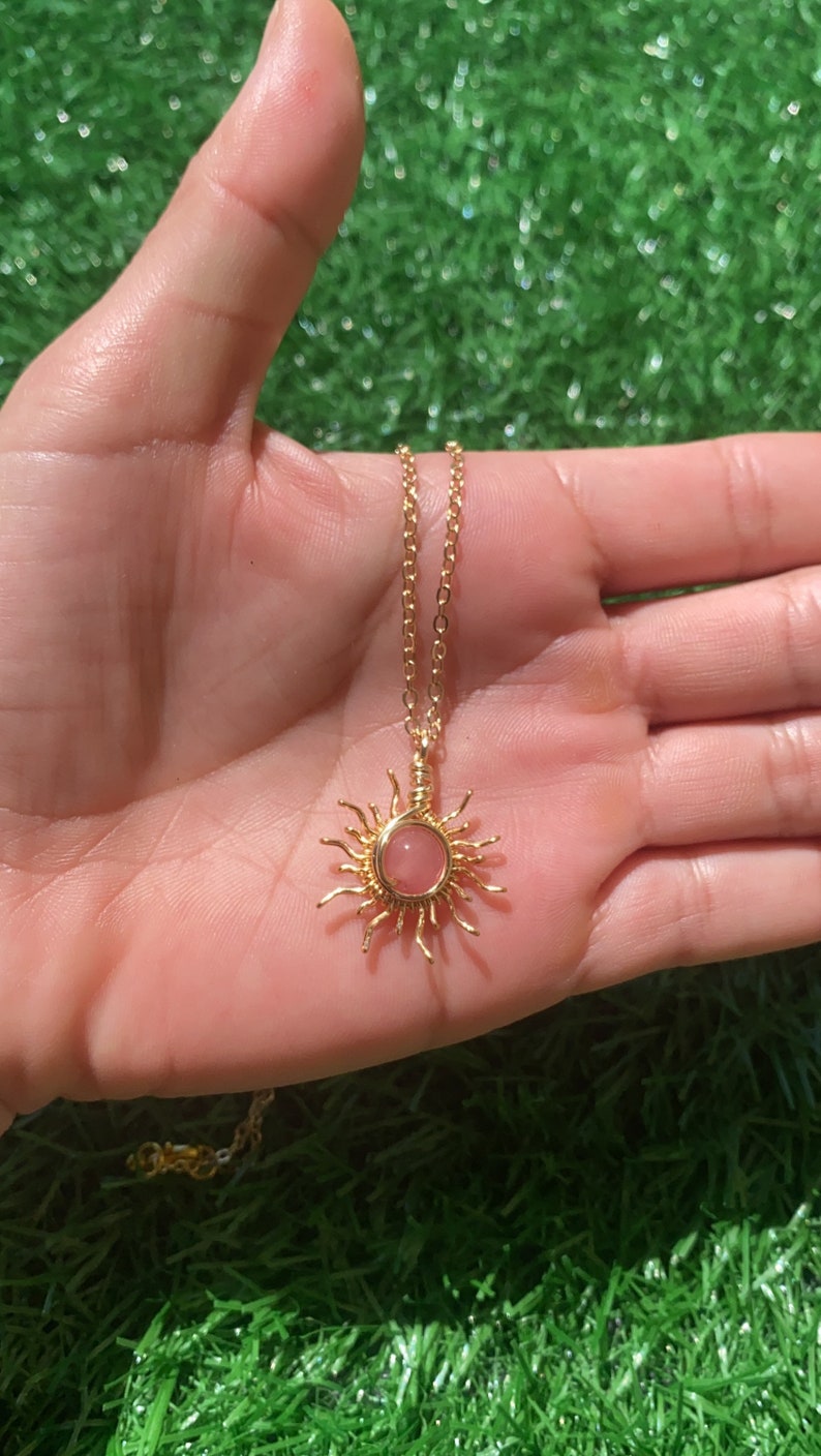 Sun Necklace/ Wire Wrapped Sun/ Handmade Wire Wrapped Sun /Crystal Necklace Pink Cats Eye