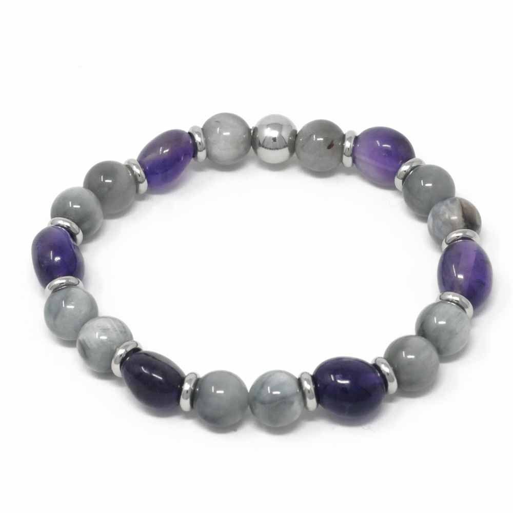 Amethyst And Grey Eagles Eye Semi Precious Stone Crystal Healing Bracelet Handmade In The UK By Bisoux