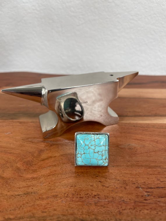 Unique Vintage Square Turquoise Statement Ring, V… - image 1