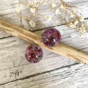 Sphere pendant, dried flower earrings, sphere stud ball, crystal ball earrings, resin flower crystal, terrarium earrings, woodland earrings