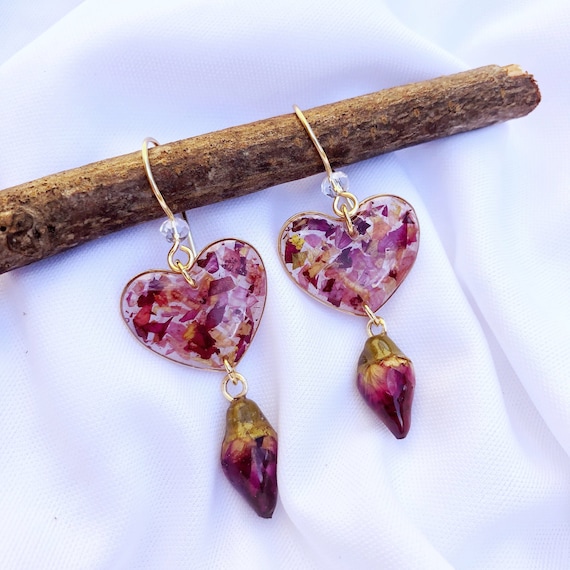 Resin Heart Earrings with Dried Flower Petals, Terrarium Style