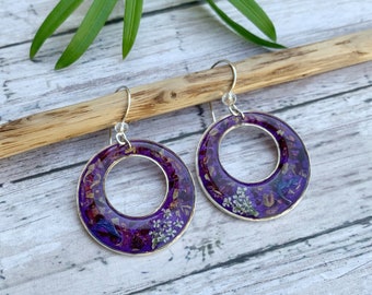 Dainty Purple Resin Earrings, Dried Flower Silver Hook, Mindfulness Gift