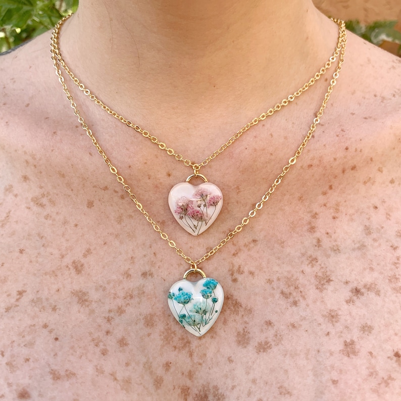 Resin Heart Necklace With Dried Real Flower Pendant Woodland Etsy