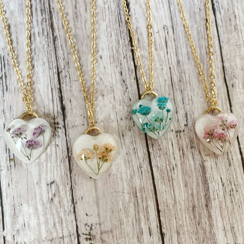 Resin Heart Necklace With Dried Real Flower Pendant Woodland Etsy