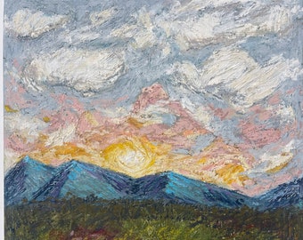 Impressionist Sunrise Mountain Landscape, Original Oil Painting on Canvas Paper