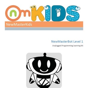 Könnte beinhalten: Weißer Hintergrund mit dem Text "OmKids" in Orange, Gelb und Blau. Darunter "NewMasterKids" in Weiß. Das Bild zeigt auch eine schwarz-weiße Roboterillustration und den Text "NewMasterBot Level 1 Unplugged Programming Learning Kit."