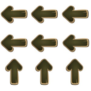 May include: Nine wooden-style arrows in a grid formation. Six arrows point left, and three point up. The arrows have a dark green center with a light brown border and a white background.