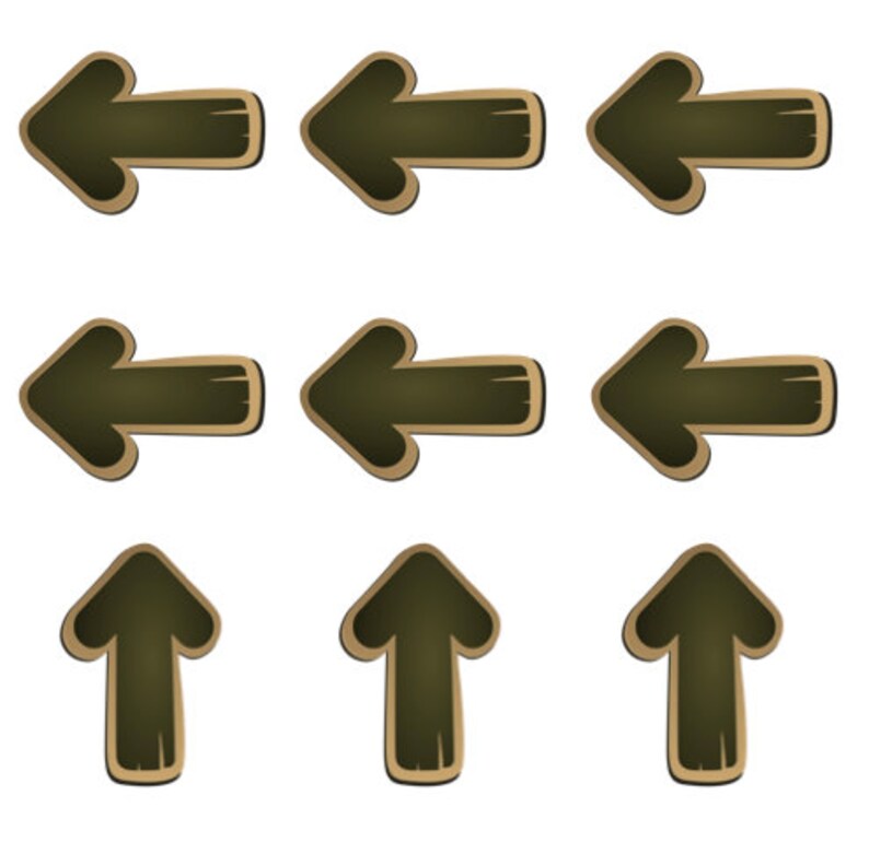 May include: Nine wooden-style arrows in a grid formation. Six arrows point left, and three point up. The arrows have a dark green center with a light brown border and a white background.