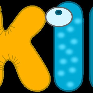 May include: The word "omKIDS" is displayed in a playful, cartoonish font. The letters are in bright colors: orange, green, yellow, and blue. The letters have googly eyes and smiling faces, creating a fun and inviting design.