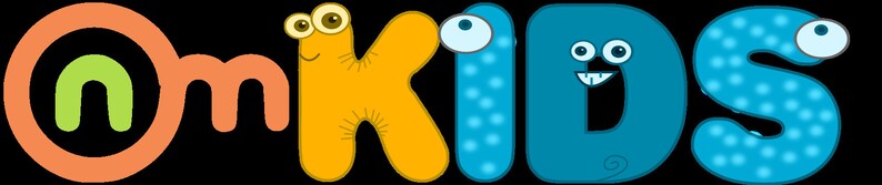 May include: The word "omKIDS" is displayed in a playful, cartoonish font. The letters are in bright colors: orange, green, yellow, and blue. The letters have googly eyes and smiling faces, creating a fun and inviting design.