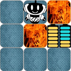 May include: Nine square images arranged in a grid. The squares feature a variety of graphics, including a robot, flames, battery icons, and diamond plate textures in blue. The robot is black and white.