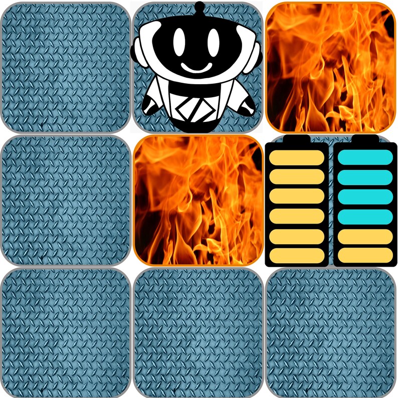 May include: Nine square images arranged in a grid. The squares feature a variety of graphics, including a robot, flames, battery icons, and diamond plate textures in blue. The robot is black and white.
