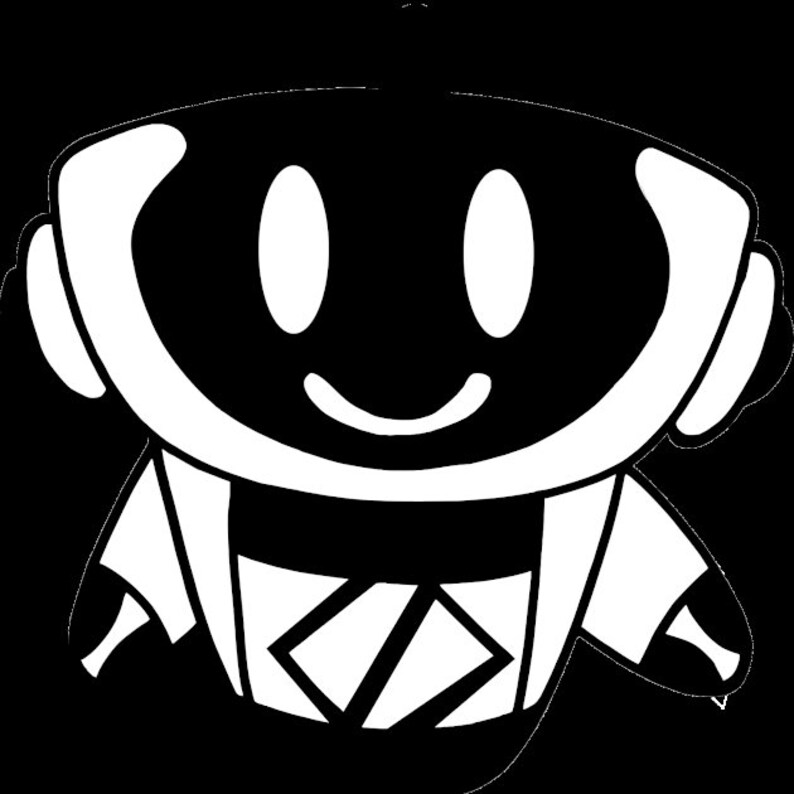 May include: A black and white cartoon character with a smiling face, oval eyes, and headphones. The character has a geometric design on its chest and arms, with a simple, friendly design. The overall aesthetic is clean and modern.