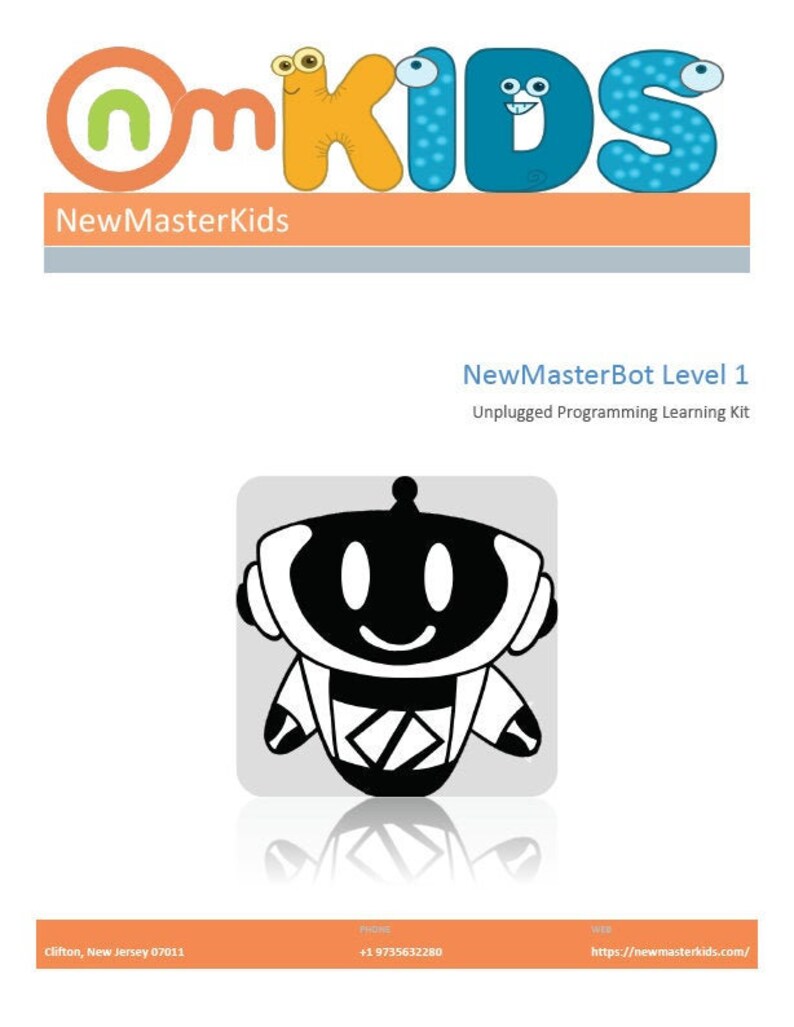 May include: A white background with the text "OmKids" in orange, yellow, and blue. Below is "NewMasterKids" in white. The image also features a black and white robot illustration and the text "NewMasterBot Level 1 Unplugged Programming Learning Kit."