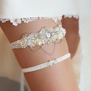 Jarretière de mariage ivoire clair réglable pour mariée avec cristaux pendants, jarretière fantaisie en strass, jarretière de perles bijoux, jarretière de mariée élégante