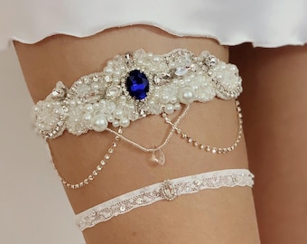 Light ivory wedding garter set with colorful crystal and danglings, Fancy jeweled leg garter for bride, Elegant Victorian bridal garter