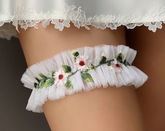 Fantasy wedding garter for bride with colorful floral embroidery, Handmade tulle garter for wedding, Boho wildflower garter