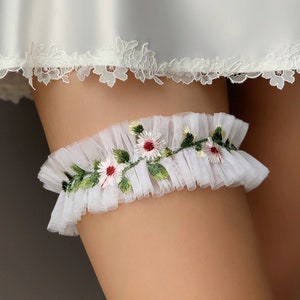 Fantasy wedding garter for bride with colorful floral embroidery, Handmade tulle garter for wedding, Boho wildflower garter
