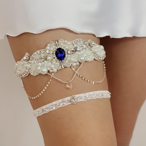 Light ivory wedding garter set with colorful crystal and danglings, Fancy jeweled leg garter for bride, Elegant Victorian bridal garter
