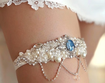 Luxury white wedding garter for bride with Royal blue crystal, Something blue bridal garter, Stretchy thigh garter, Embroidered leg garter